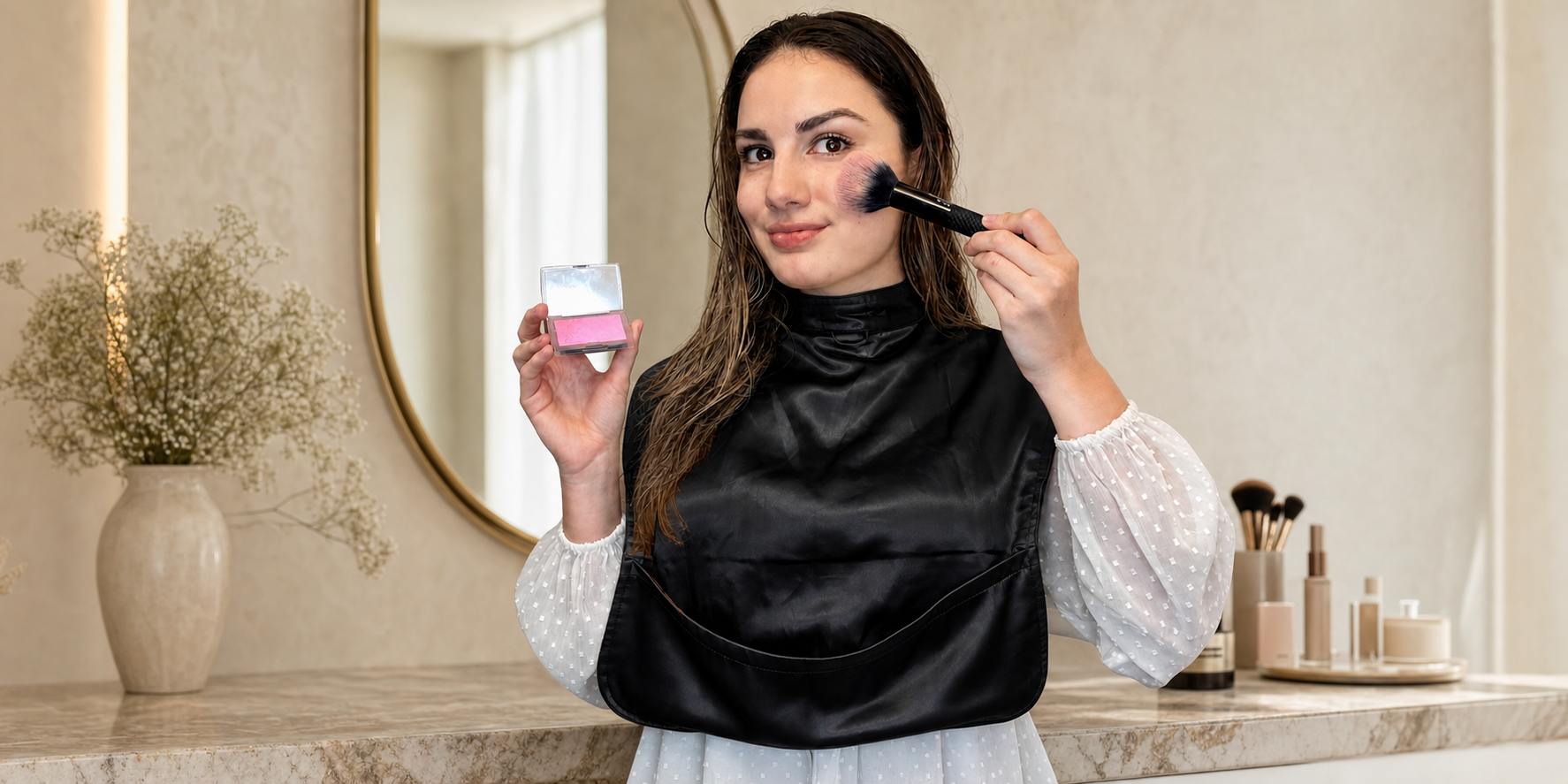 Woman wearing a Monii Beauty Cover backwards while applying makeup with wet hair