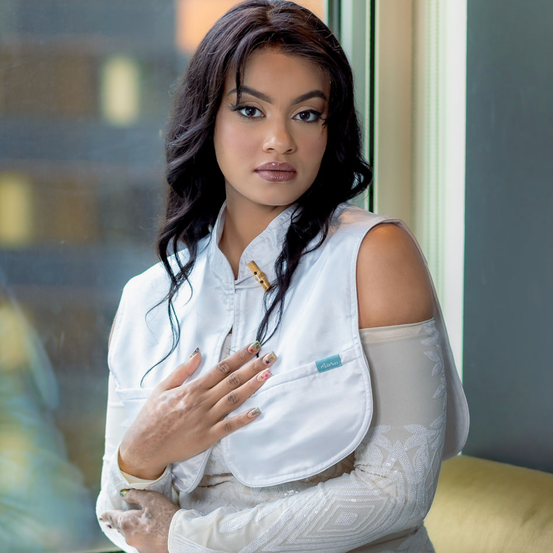 Monii Hair and Beauty Cape - White Satin with Bamboo Button