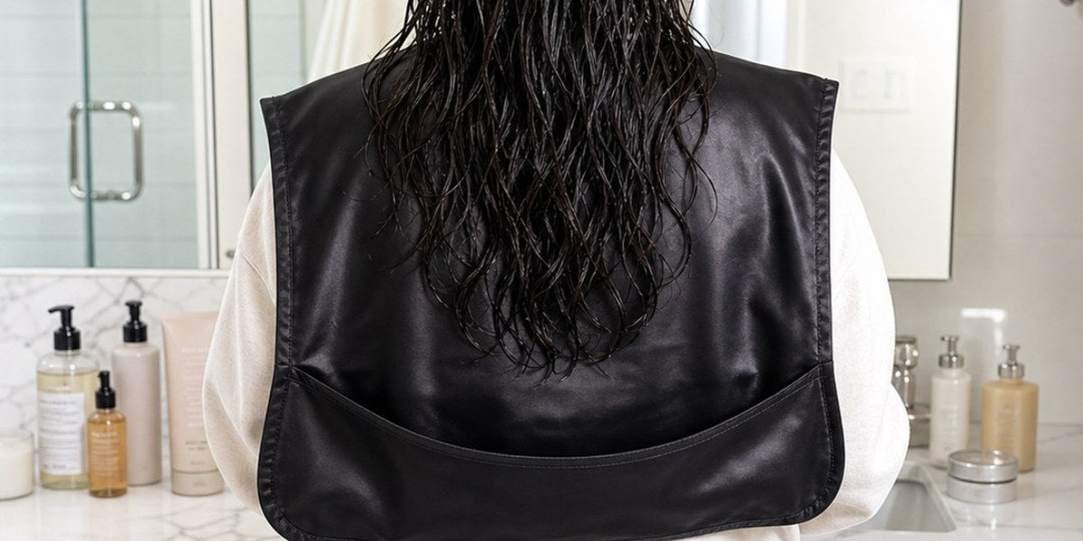 Woman with wet low porosity hair wearing a Monii Beauty Cover while her hair air-dries