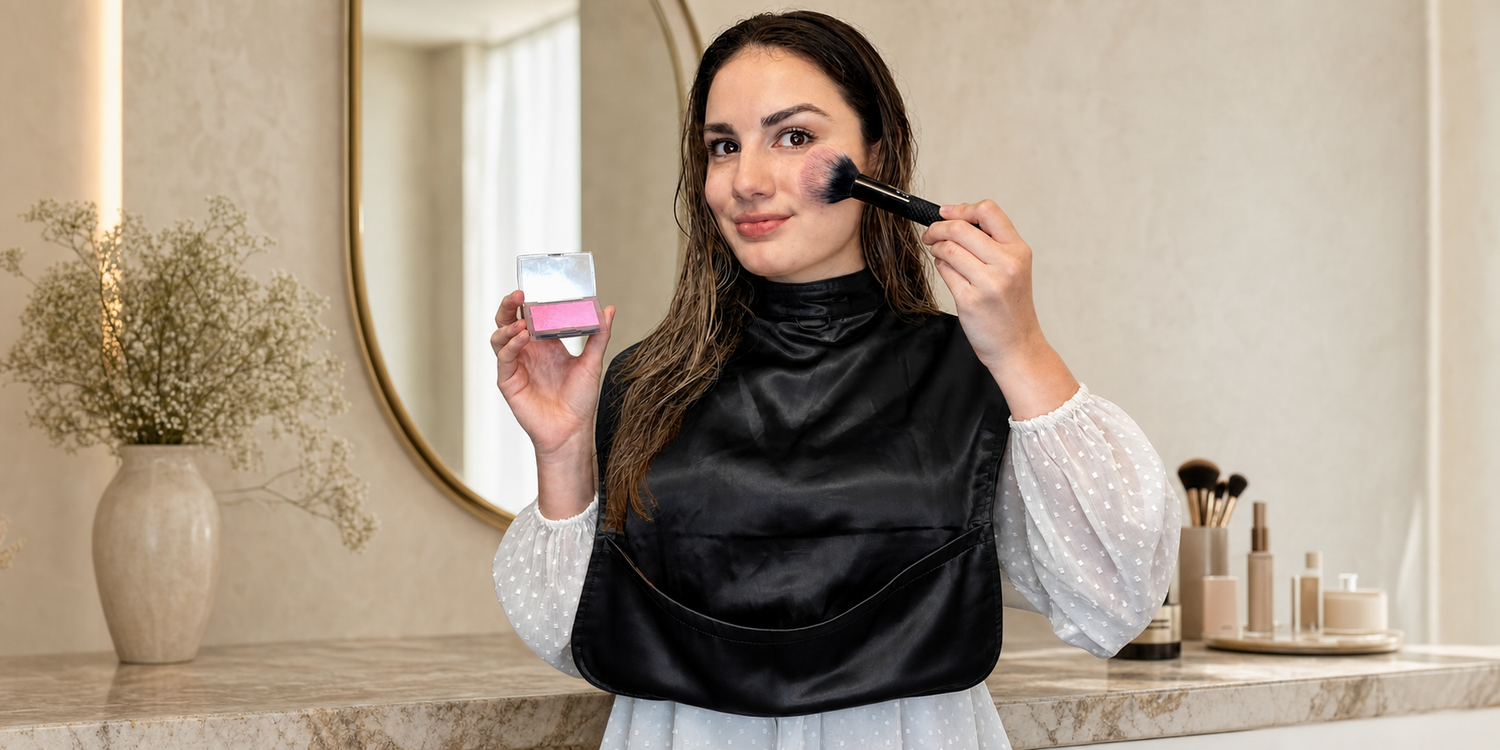 Woman wearing a Monii Beauty Cover backwards while applying makeup with wet hair