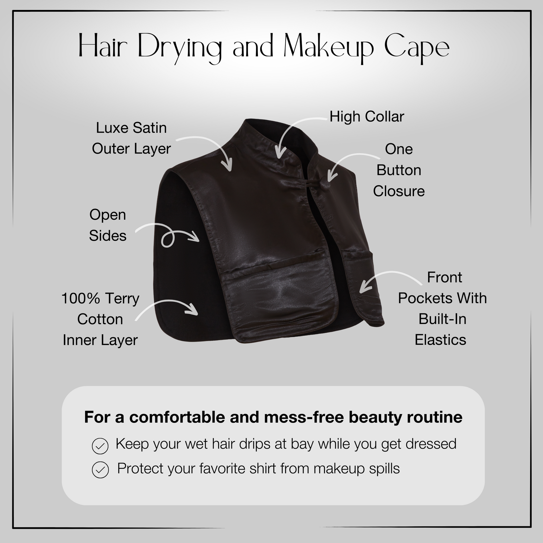 Monii Hair Drying and Makeup Cape, Black Satin