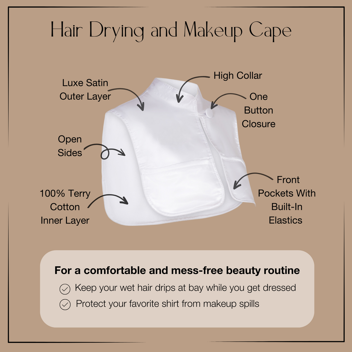 Monii Hair and Makeup Cape, White Satin, Bamboo Button